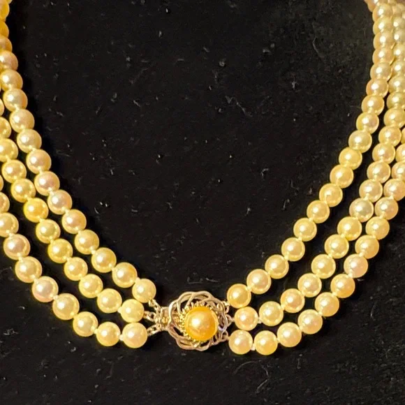 Golden Akoya Pearls, Triple Strand 14K - Picture 3 of 12
